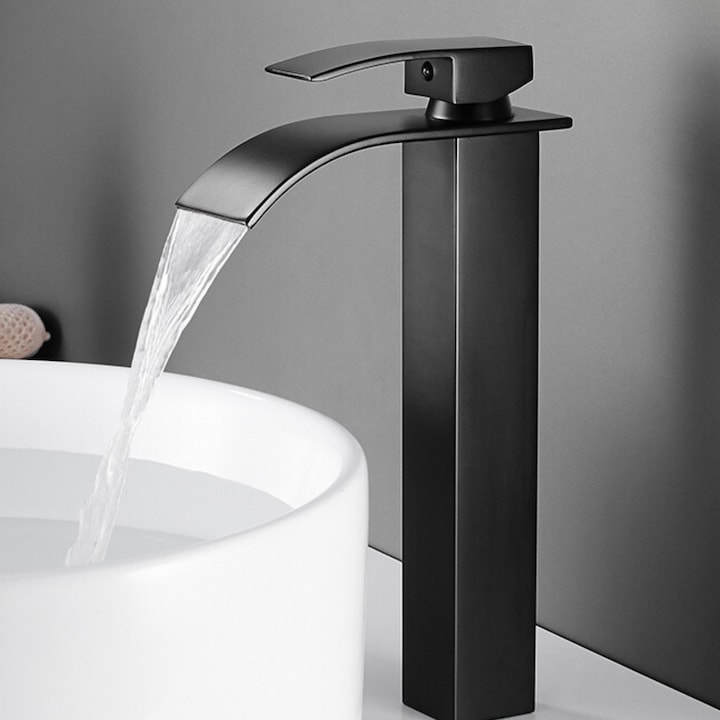 Baterie Chiuveta Baie, Tip Cascada, Monocomanda, Design Minimalist, Racorduri incluse, Otel Inoxidabil, Puternica si Durabila, Rezistenta la rugina si coroziune, usor de instalat, SMARTGADGETS C&A, Negru, 30 CM