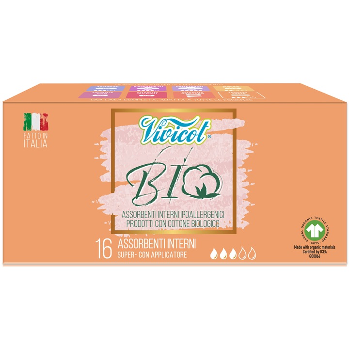 Tampoane interne cu aplicator Super Vivicot Bio, 14 bucati
