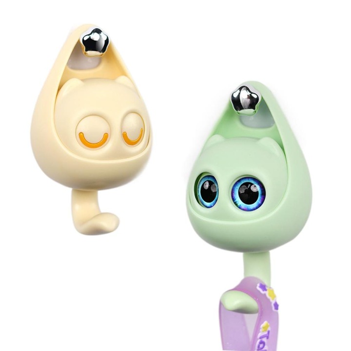 Set 2 agatatori baie ASDIIT® design interactiv pisica, montare cu ventuze, galben