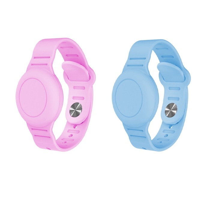 Set 2 bratari, Rqiurpn, pentru Air Tag, Silicon, Rezistenta la apa, Roz/Albastru