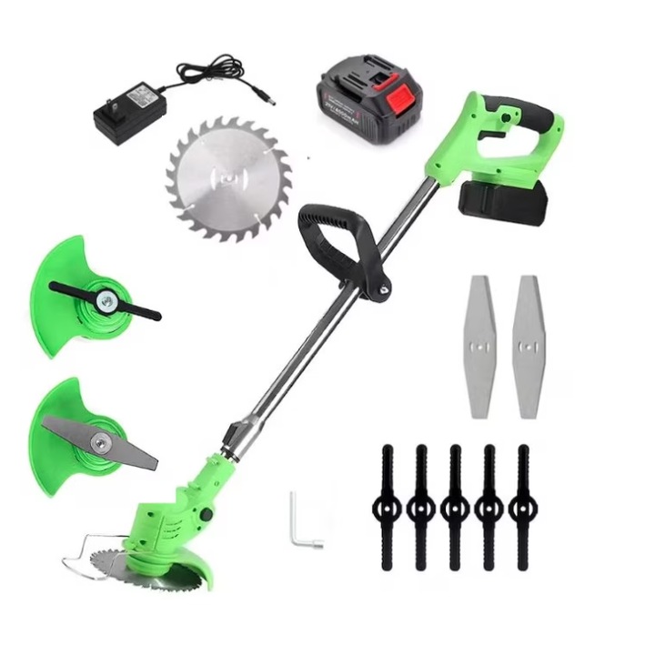 Motocoasa electrica cu 2 acumulatori 48 V, brat ajustabil, 2 Lame, 1 Disc Pentru Taiere, 20000 RPM, 2-3 Ore Autonomie, Verde