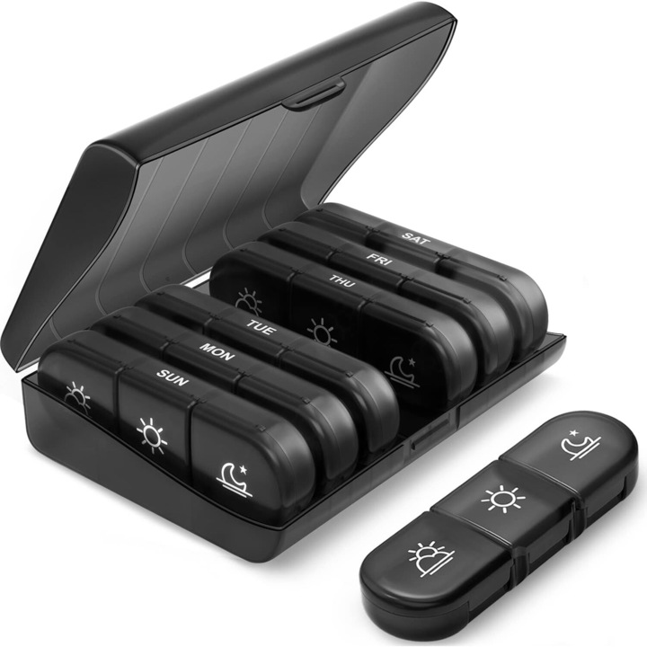 Organizer de pastile, EJANBO, 7 compartimente, detasabile, 15.6x12x4.2 cm, negru