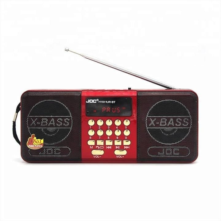 Radio portabil Smartix, USB, SD, Afisaj, Baterie reincarcabila, Negru/rosu