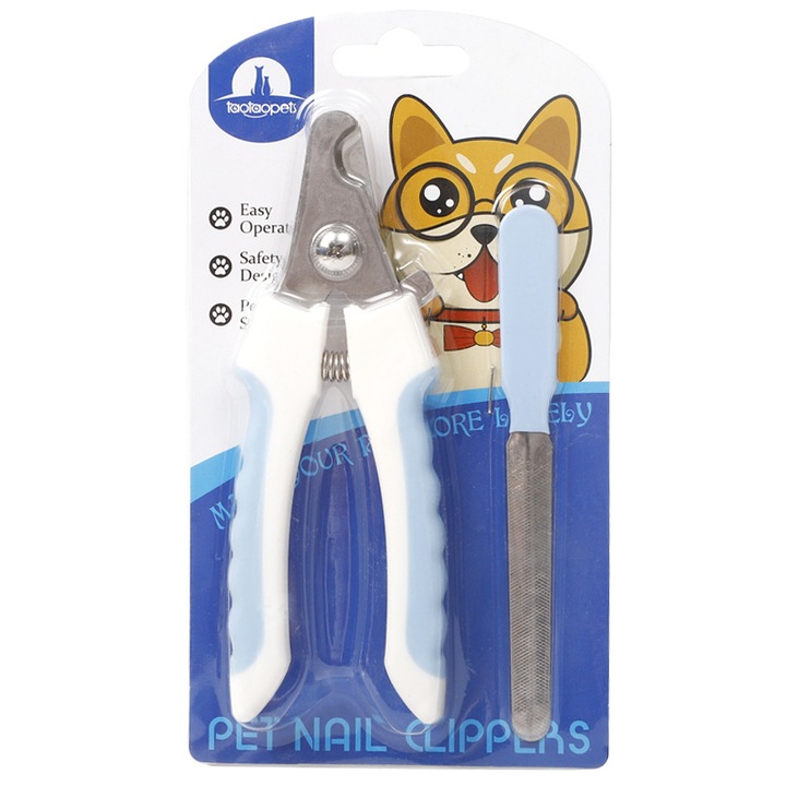 Set clesti taiere unghii animale, cu protectie, maner cauciucat, albastru, 12.5cm