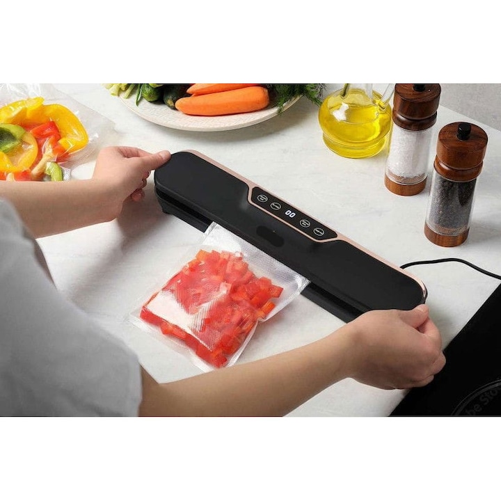 Aparat de vidat si sigilat alimente, 12 pungi de vidare incluse, 120 W, 33 cm x 6 cm, bara de lipire de 25 cm, Functii vidare umeda si uscata, Ecran LED, Display Digital, Design compact, Negru