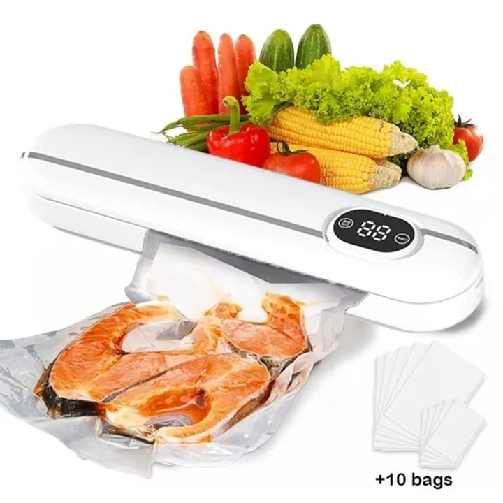 Aparat de vidat si sigilat alimente, 120 W, 41 x 7 x 5 cm, bara de lipire de 28 cm, Functii pentru vidare umeda uscata, Ecran LED, Display Digital, include 10 pungi, Design compact, Bej