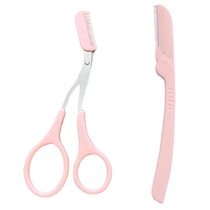 Set Foarfeca sprancene cu pieptene si trimmer, roz/argintiu, usor de curatat