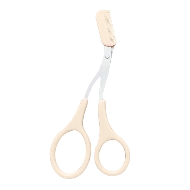 Set foarfeca cu pieptene pentru sprancene si perie de gene, bej/argintiu, otel inoxidabil, husa de depozitare