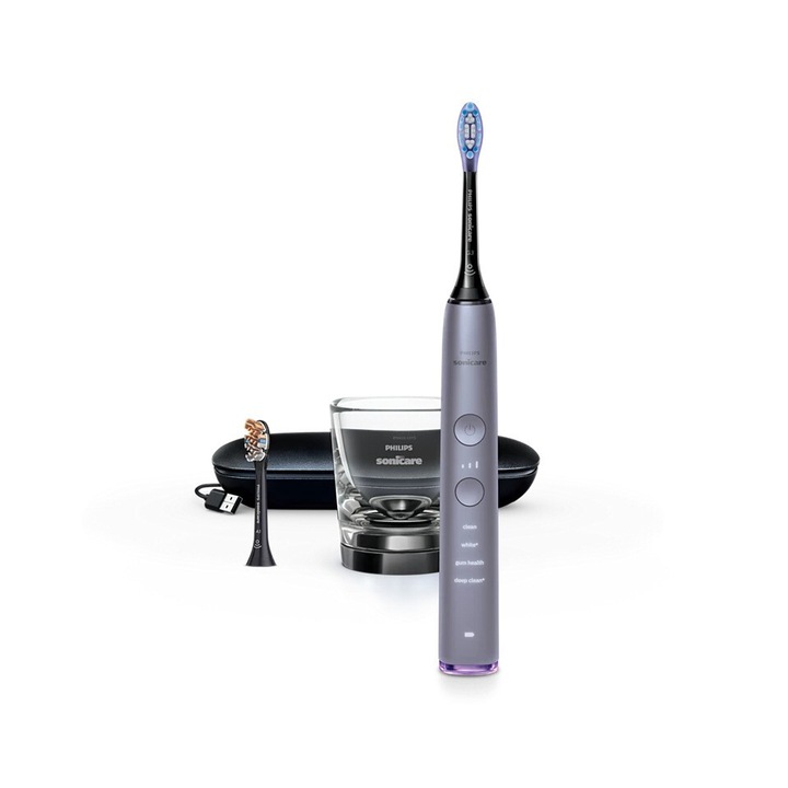 Periuta de dinti sonica electrica Philips Sonicare DiamondClean 9000 HX9917/90, 62000 miscari/minut, 4 moduri de curatare, 3 nivele intensitate, senzor presiune, functia BrushSync, 2 baze de incarcare, 2 capete de periere, aplicatie Sonicare, Mov