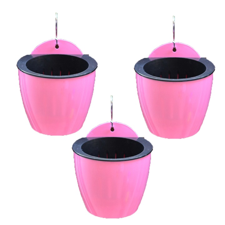 Set 3 Ghiveci auto-udare, roz, mediu