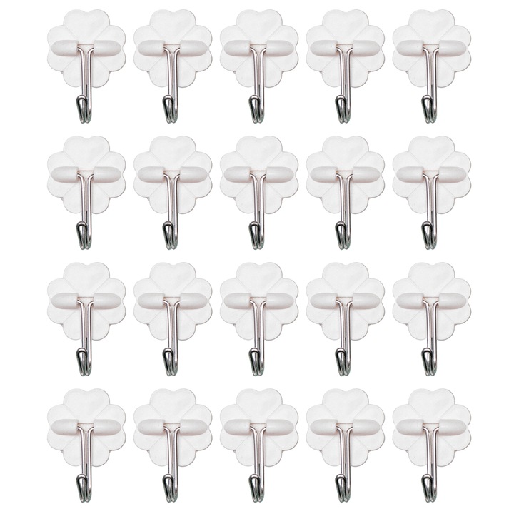 Set 20 Carlige Adezive, ABS, Rezistente la Apa si Temperaturi, Albe, pentru Bucatarie si Baie