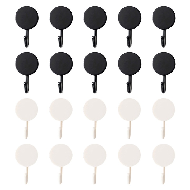 Set carlige adezive, utilizare universala, negru/alb, 20 buc/set