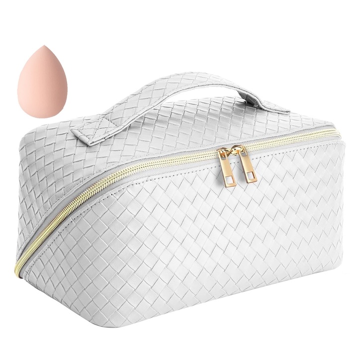 Козметична чанта, SINBITA, с гъба за грим, дизайн с голям капацитет, с дръжка, PU кожа, затваряне с цип, няколко отделения, издръжлива, ултра лека, водоустойчива, лесна за почистване, 12x12x23 см, бяла