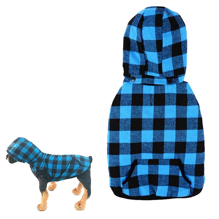 Pulover tartan pentru caini, cu gluga detasabila si buzunar, flanel moale, velcro ajustabil, multicolor, marimea L