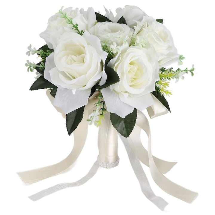 Buchet de trandafiri artificiali, SINBINTA, Usor de asortat, Nu se decoloreaza, Reutilizabile, Design de Ultra-usoara, Pentru banchete de nunta, decoratiuni pentru casa, biserici si studiouri foto, Plastic/Textil, 20x24 cm, Alb