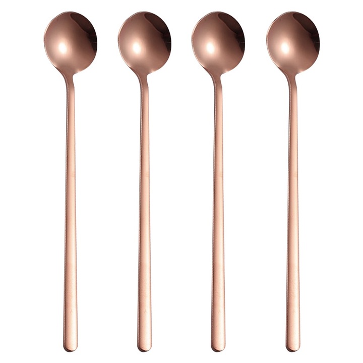 Set 4 linguri pentru cafea, inox, maner lung, auriu, rezistente la caldura, 17cm