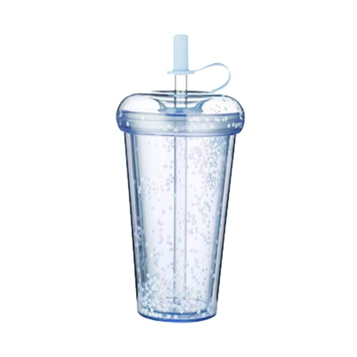 Pahar cu pai si capac, plastic, albastru, 21x6cm, 420ml
