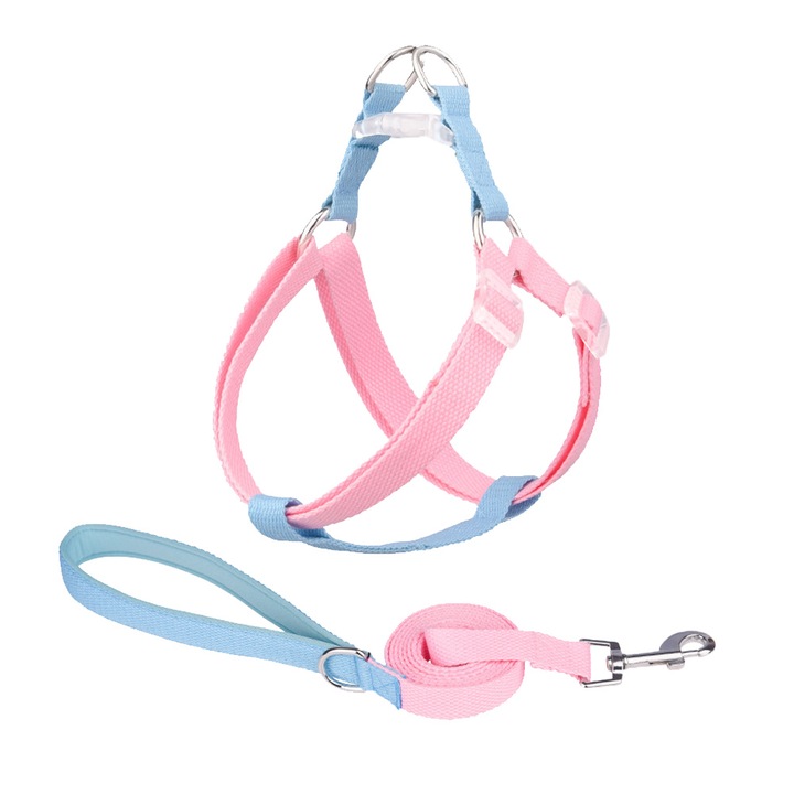 Set ham si lesa pentru caini, roz/albastru, design triunghiular, material moale, M