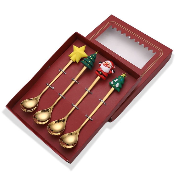 Set linguri de Craciun, inox, design cu elemente festive, cutie rosie, 4 buc