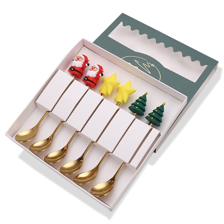 Set de linguri din otel inoxidabil pentru Craciun, design creativ, multicolor, 6 bucati