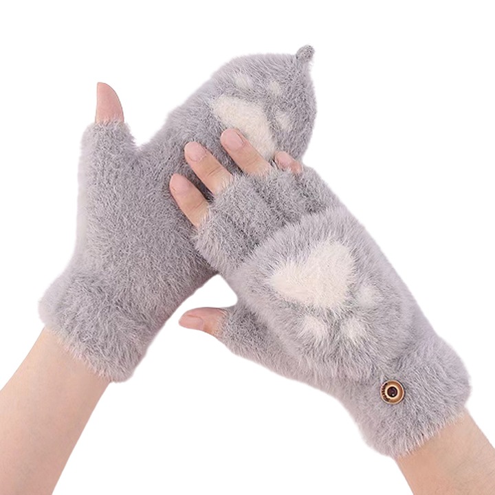Конвертируеми ръкавици без пръсти, сиви, топла подплата, модел на котешки нокът, един размер