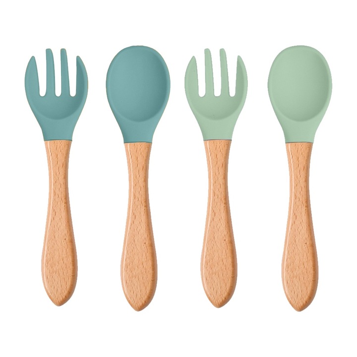 Set tacamuri pentru copii, silicon si lemn, verde, 13.8x3.2cm