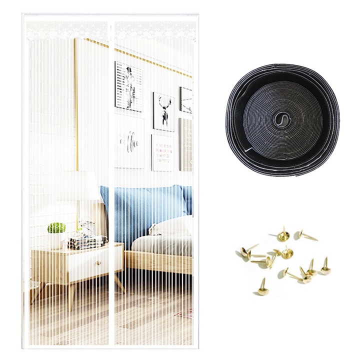 Perdea magnetica pentru usa, alba, cu dungi, prietenoasa cu animalele, 80x200cm