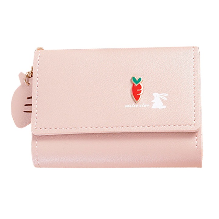 Дамски портфейл, мултифункционален, екологична кожа, сгъваем, розов, 12x9x1.5см