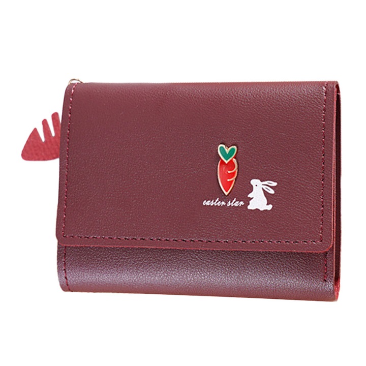 Портфейл, многофункционален, сгъваем, с висулка репички, wine red, 12x9x1,5 см