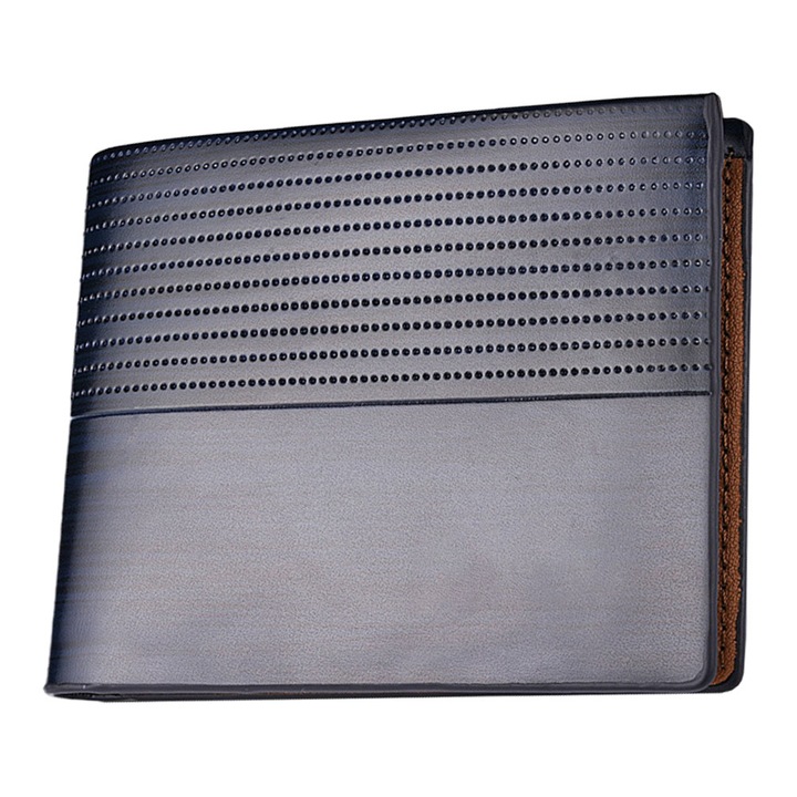 Portofel barbati, piele ecologica/poliester, albastru inchis/maro, 11.5x1.5x10cm