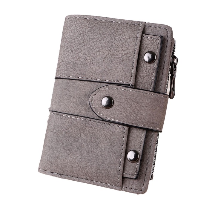 Portofel unisex, Gri, Impermeabil, cu Fermoar si Compartimente pentru Carduri, 13x9.5x2.5cm