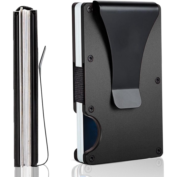 Portofel NeoHGS™, Tip Portcard, Protectie RFID Anti-Furt, Unisex, Material Aluminiu, Suport 12 Carduri si Bancnote, 8.5x5.5x1 cm, Negru