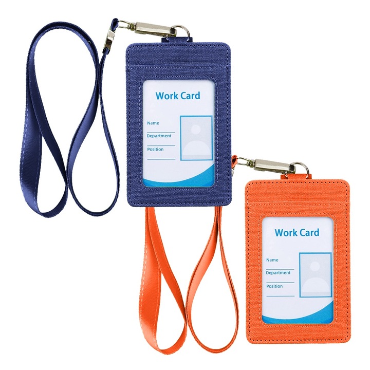 Set 2 suporturi pentru ecusoane, 11x7.2cm, cu snur de gat detasabil, albastru/portocaliu