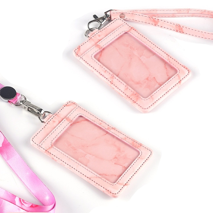 Set 2 suporturi cu snur pentru ecusoane, piele ecologica, 11x7.1cm, roz