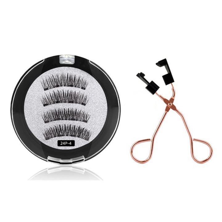 Set gene false magnetice, aplicare fara adeziv, cu cleste, cutie magnetica portabila, negru