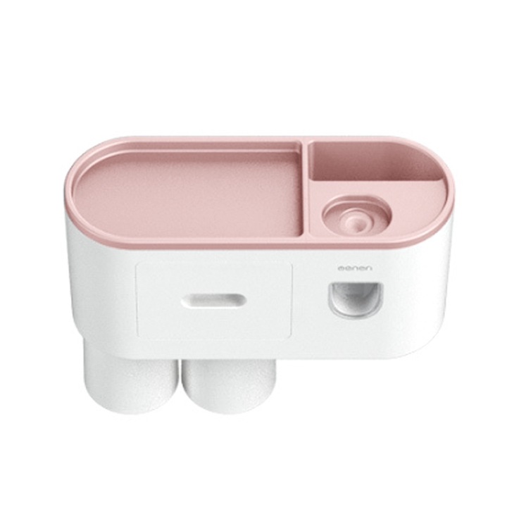 Suport periute de dinti cu dispenser de pasta, ABS, 27.4 x 13.2 x 10 cm, Alb / Roz