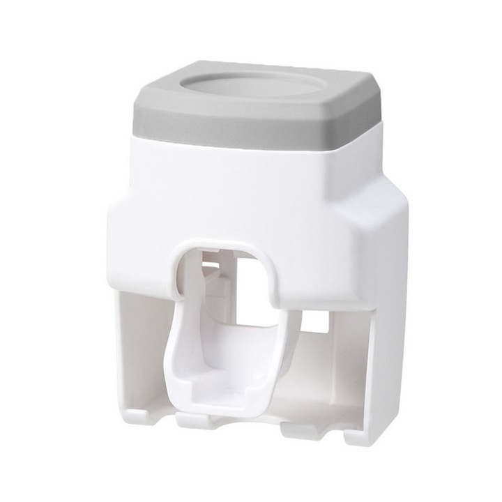 Dispenser automat pentru paste de dinti, suport periute, montare fara gaurire, alb/gri, 7.5x6x10cm