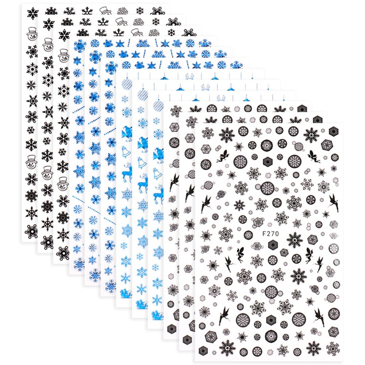 Set 12 Foi cu Stickere Decorative Unghii, 3D, Albastru/Negru, 12.2x7.5cm