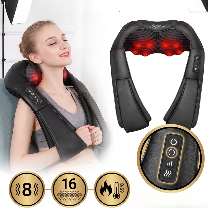 Aparat Profesional Masaj Cervical Infiniteea™, Spate, Lombar, Umeri, Gat, Picioare, 8 Tipuri de Masaj Shiatsu, Relaxeaza Muschii, 3 Nivele de Putere, 16 Capete de Masaj, Incalzire, Portabil, Negru