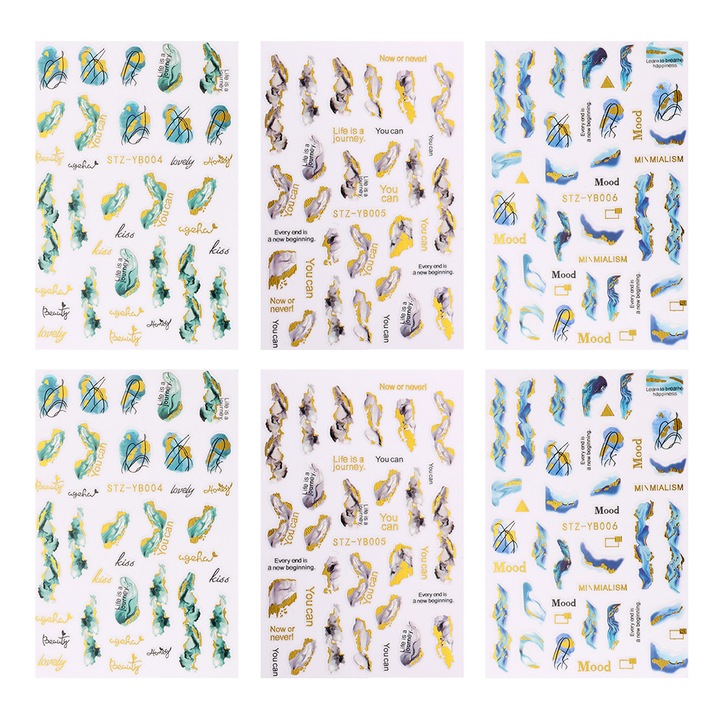 Set 6 foi stickere decorative pentru unghii, model marmura ondulata, multicolor, 9.5x6.5x0.1cm