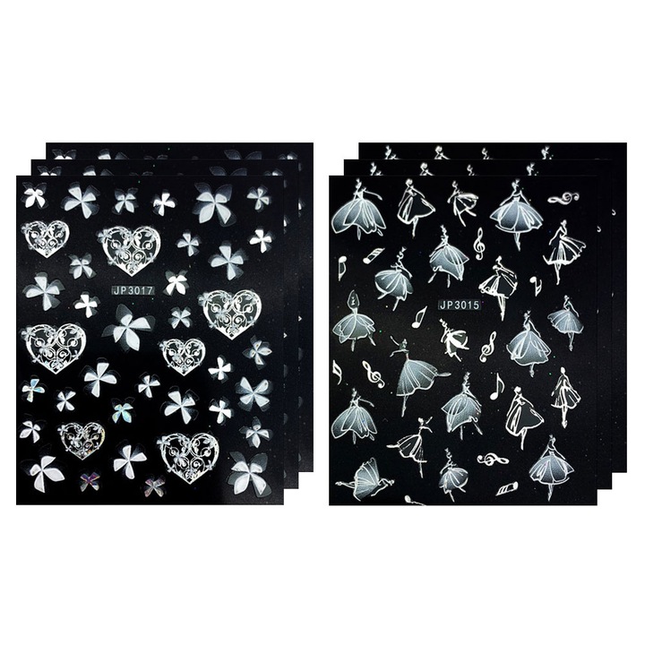 Set 6 foi stickere decorative pentru unghii, alb, 7.5x6.3cm