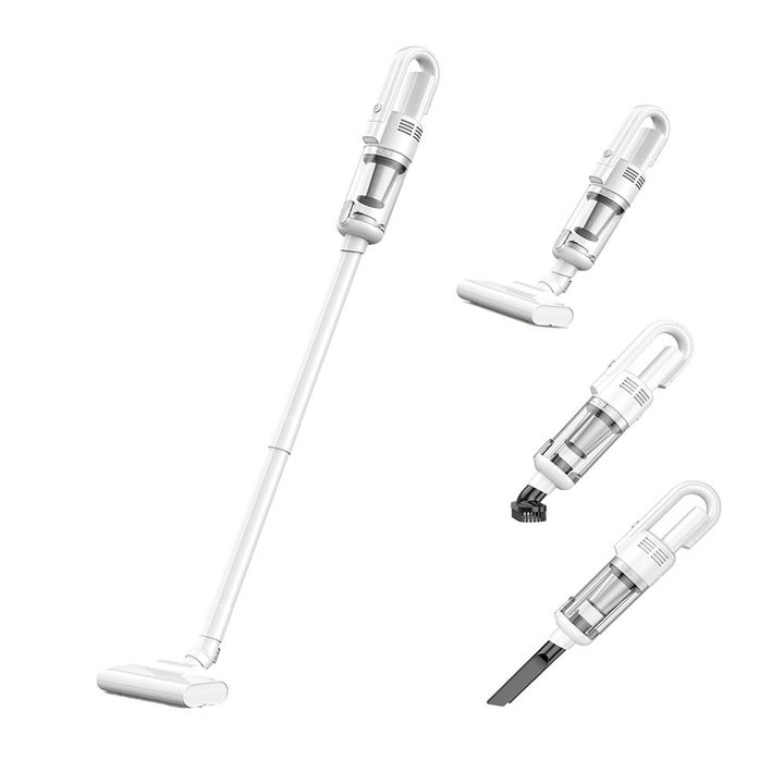 Безжична вертикална прахосмукачка, 5-степенна система за филтриране, хигиенен филтър, с LED осветление, мокро/сухо засмукване, стандартна четка, аксесоар за тесни пространства, бял