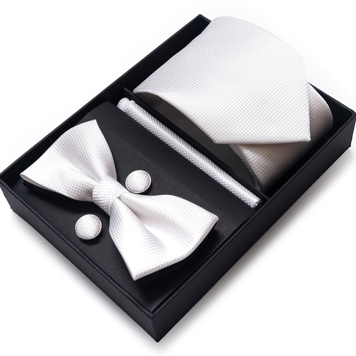 Елегантен комплект от 4 части, MENZ®, модел Class, вратовръзка, папийонка, кърпичка, копчета за ръкавели, бял