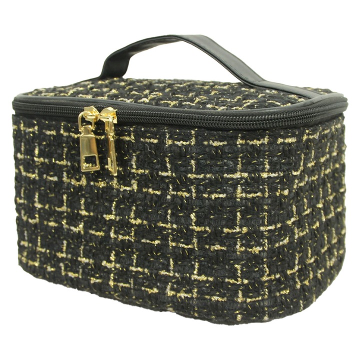 Geanta cosmetice, material lana si bumbac, negru, 24x18.5x8cm