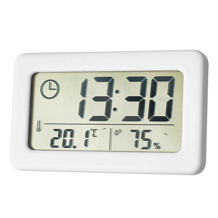 Dekoratív óra digitális hőmérővel és páratartalommérővel, fehér, 9,6x5,8x1cm