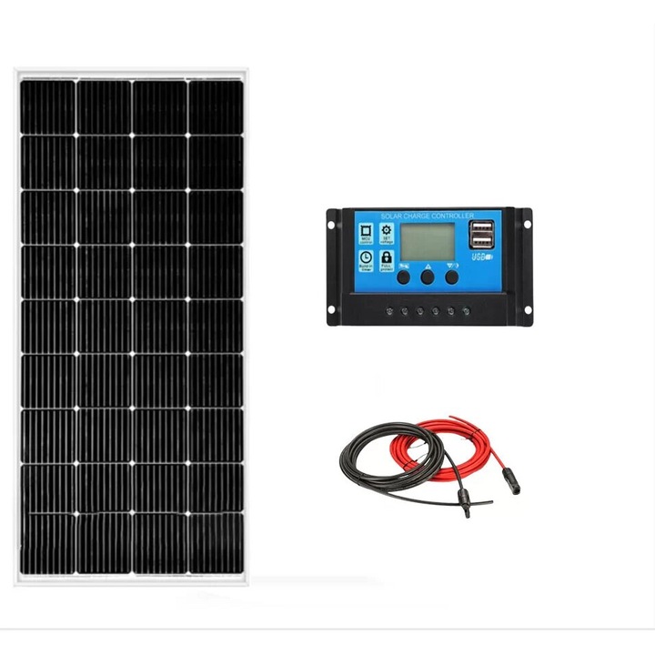 Kit solar fotovoltaic off grid panou solar BLUESUN 180W si regulator/controller 30A si 20 m cablu solar cabana, rulota, casa, autorulota, container, iluminat, Solid Volt