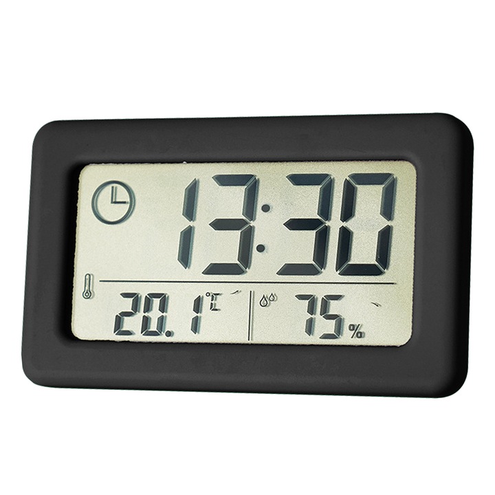 Ceas decorativ cu termometru si higrometru digital, negru, 9.6x5.8x1cm