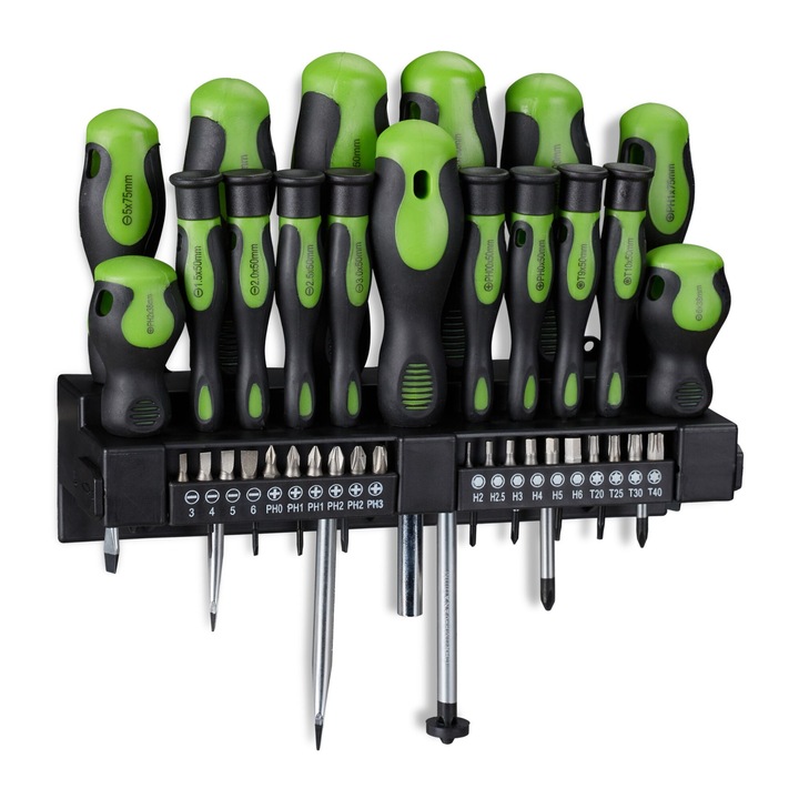 XXL комплект отвертки със стойка, 37 части, черни/зелени