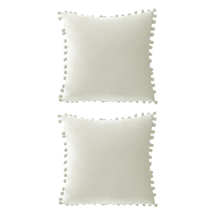 Pachet 2 fete de perna decorative din chenila moale cu pompoane, 45 x 45 cm, albe