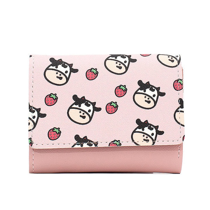 Портфейл с тройно сгъване с принт на крава, екологична кожа, 14x12x4см